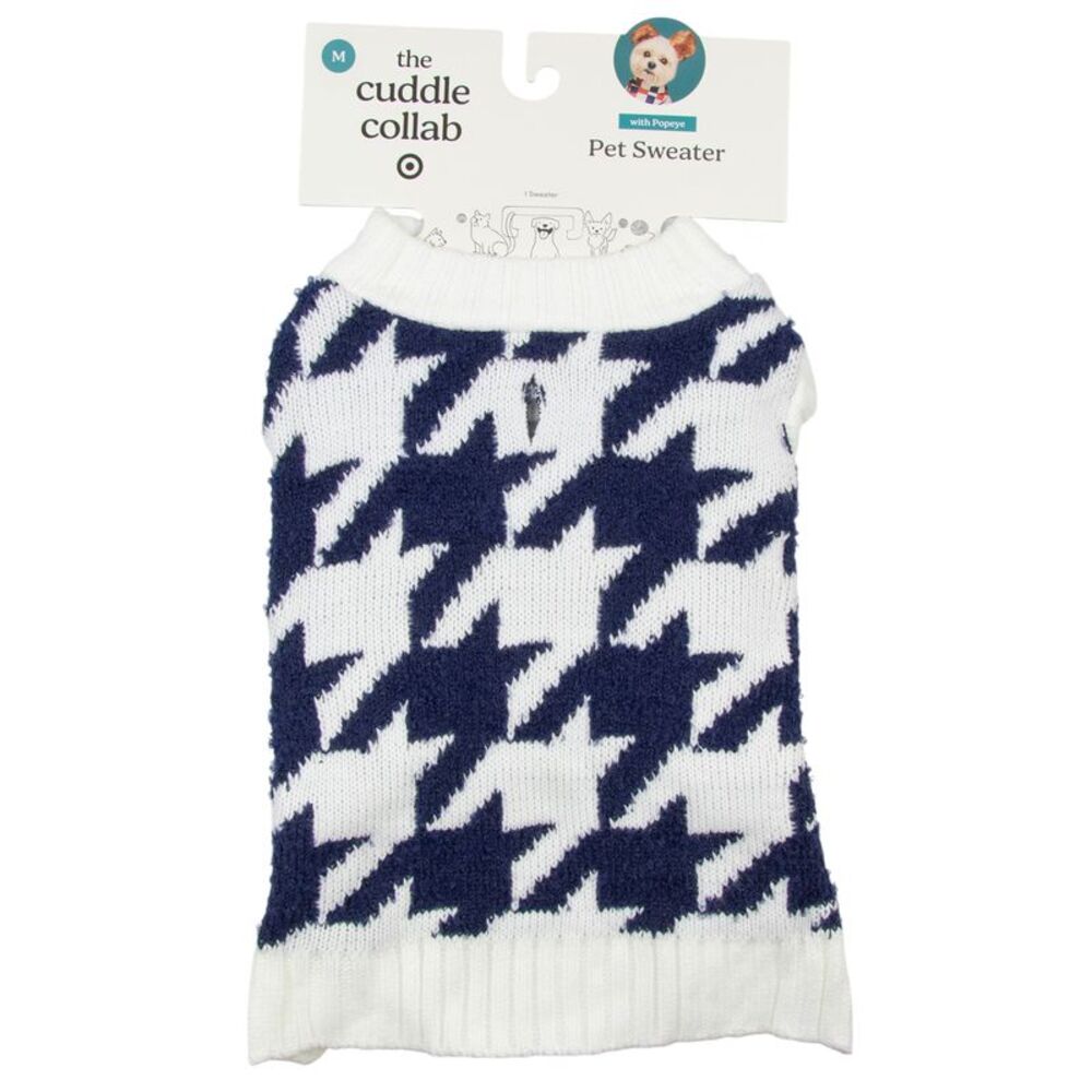 The Cuddle Collab Pet Dog and Cats Sweater Houndstooth in White & Navy, Medium